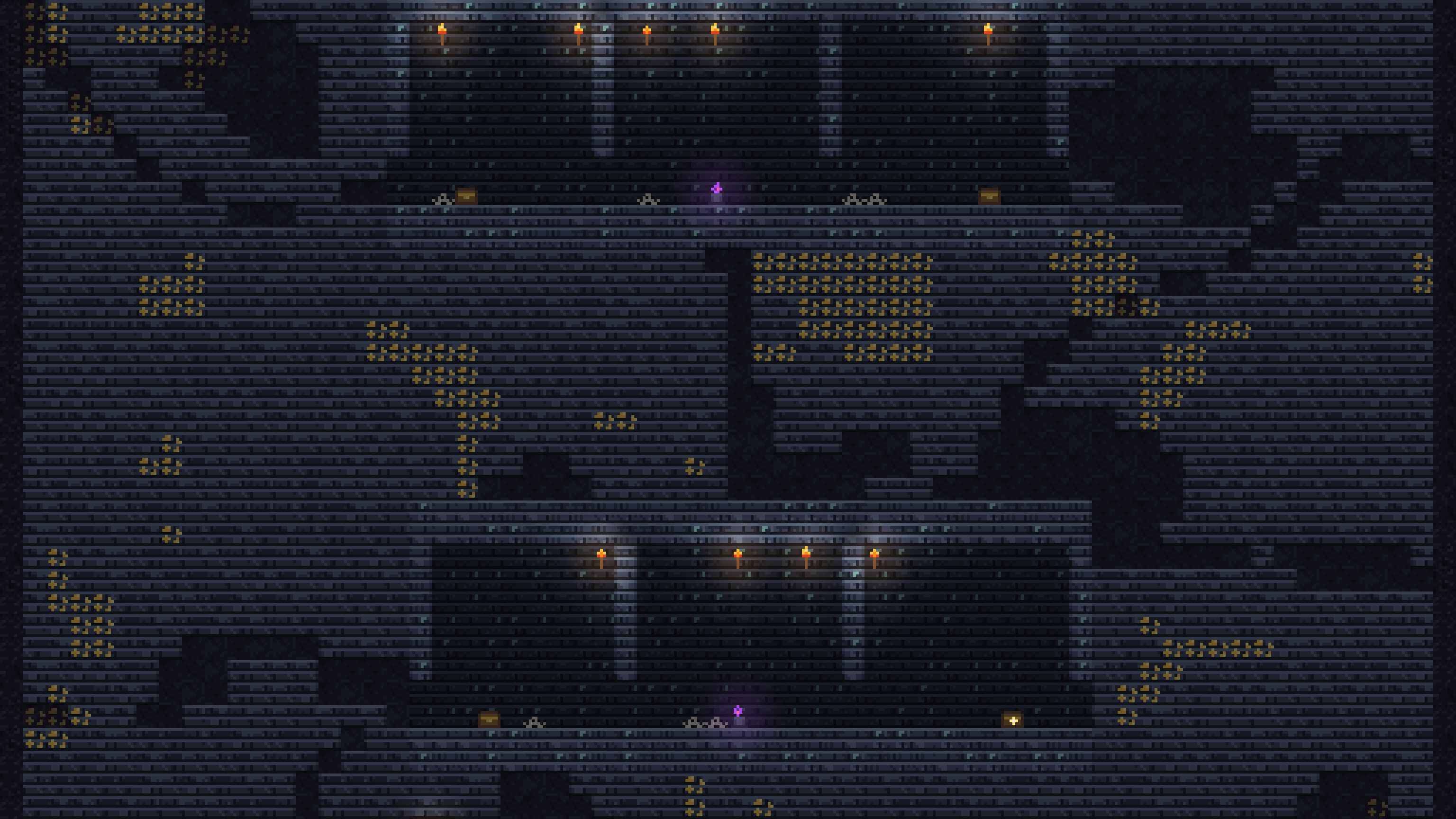 Sunken ruins in DEEPER: buried stone halls, treasure chests and torchlit passages.